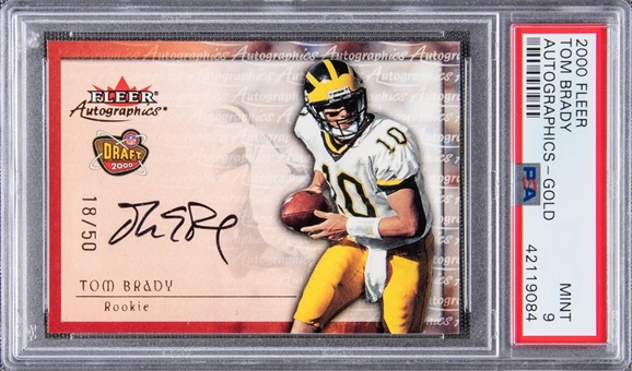 2000 Fleer Autographics Gold Tom Brady Rookie Card (#18/50) - PSA MINT 9